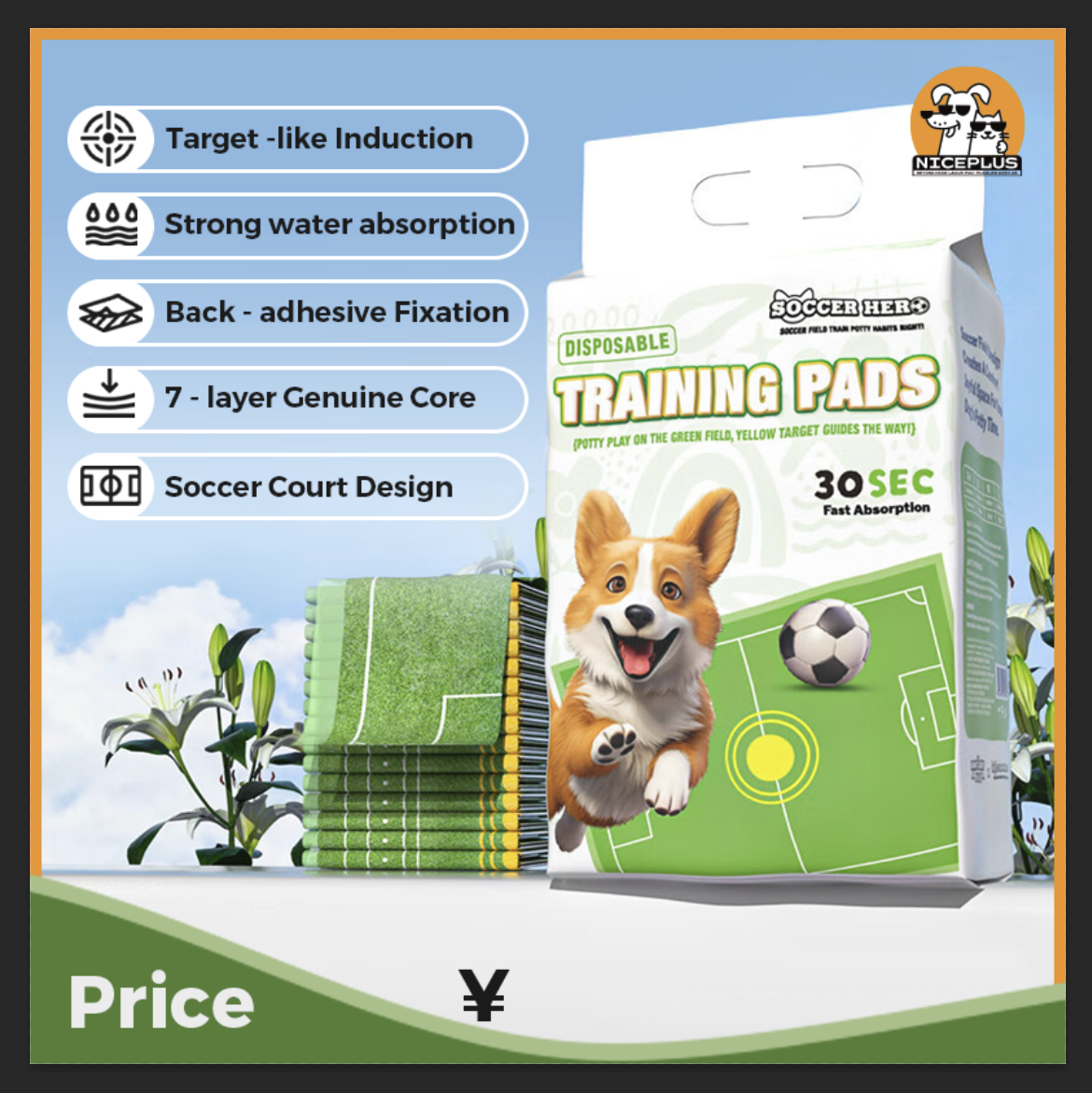NICEPLUS PET Pee Pads for Dogs Plant-Based Leak-Proof Absorbent Puppy Training Pads Target-like Induction Soccer Court Design 7-layer Genuine Core 30 Sec Fast Absorption