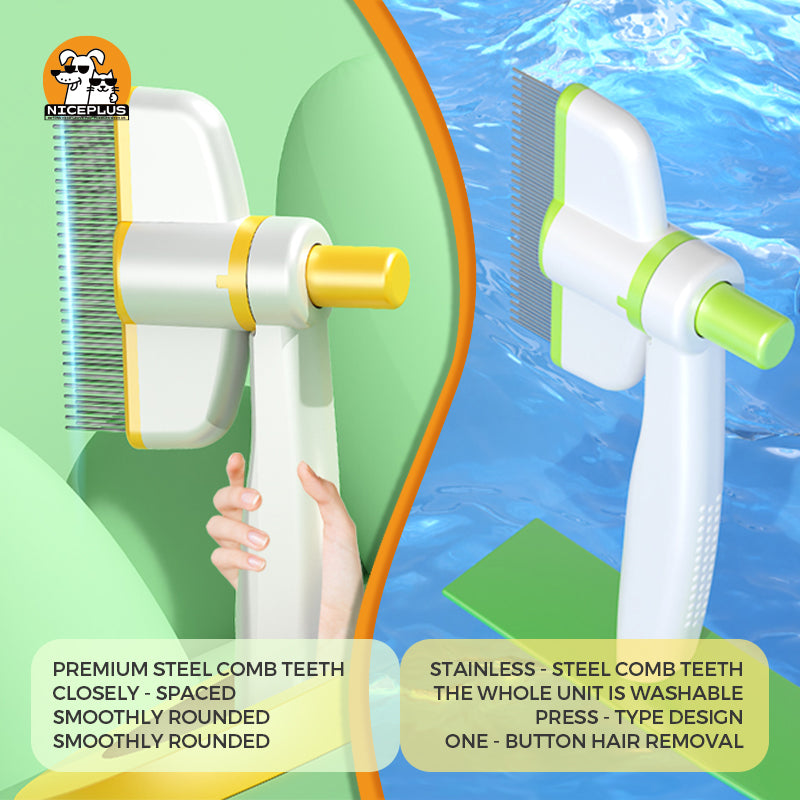 Niceplus 360-Degree Rotation Pet Hair Removal Comb for Cat & Dog Multifunctional Brush with Release Button for Massaging and Cleaning Shedding PP/ABS/Stainless Steel Green Yellow Pink
