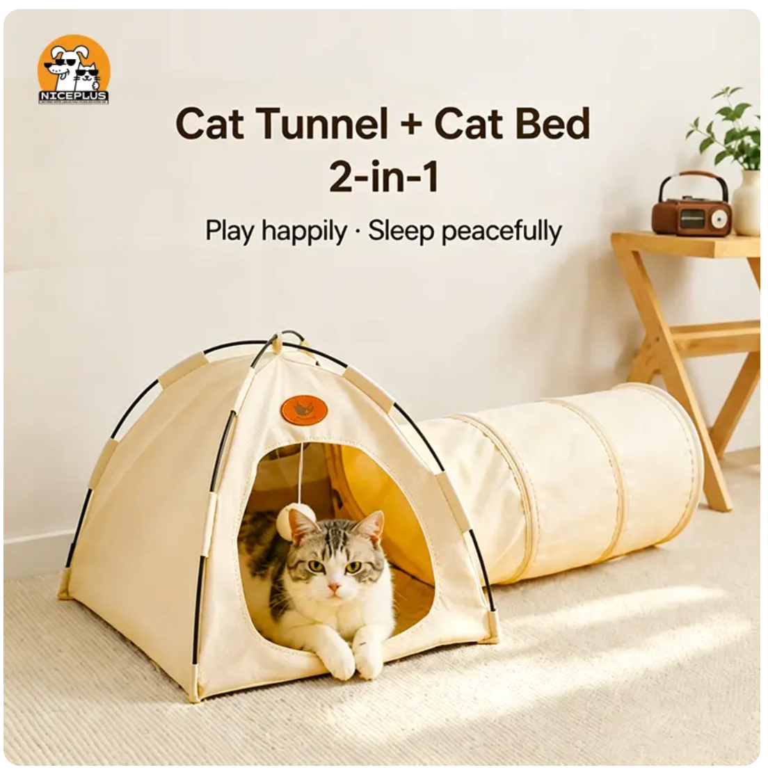 Niceplus cat tunnel and bed in a brightly lit home